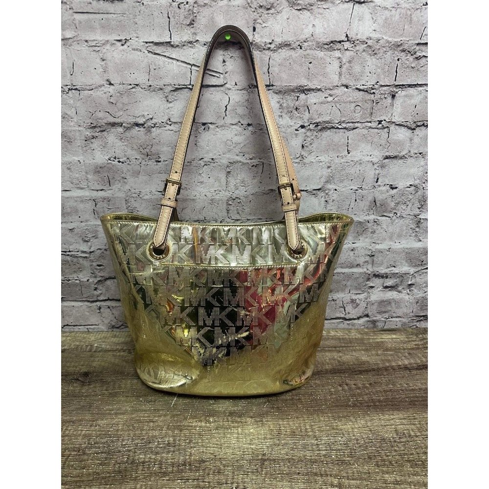 Michael Kors Women’s Gold Metallic Shoulder Logo Handbag 10x15